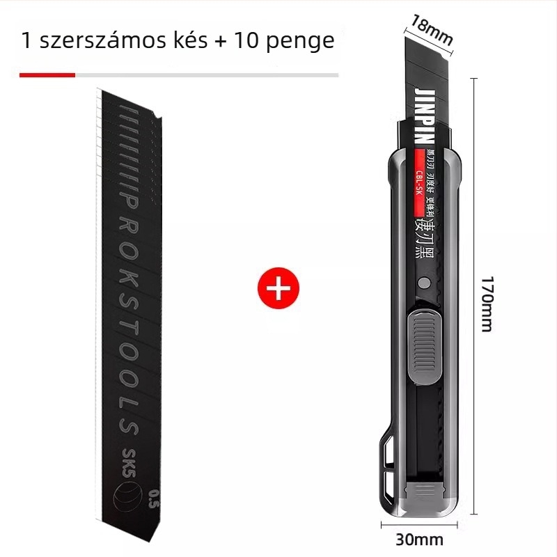 Fekete, nehéz kivitelű többfunkciós vágókés papírvágáshoz, csomagolások felnyitásához és tapétavágáshoz, éles és tartós