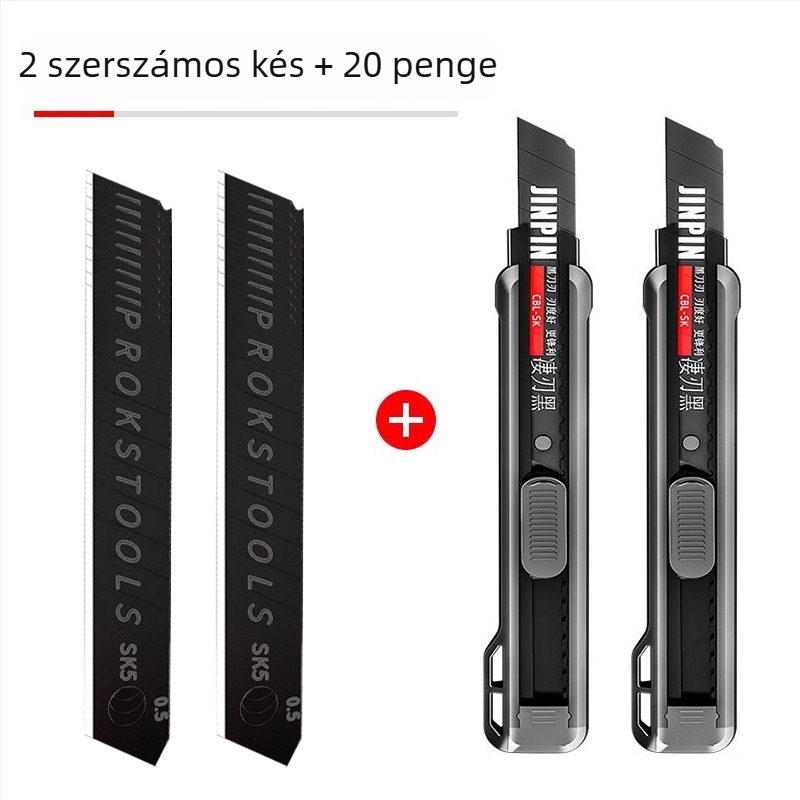 Fekete, nehéz kivitelű többfunkciós vágókés papírvágáshoz, csomagolások felnyitásához és tapétavágáshoz, éles és tartós