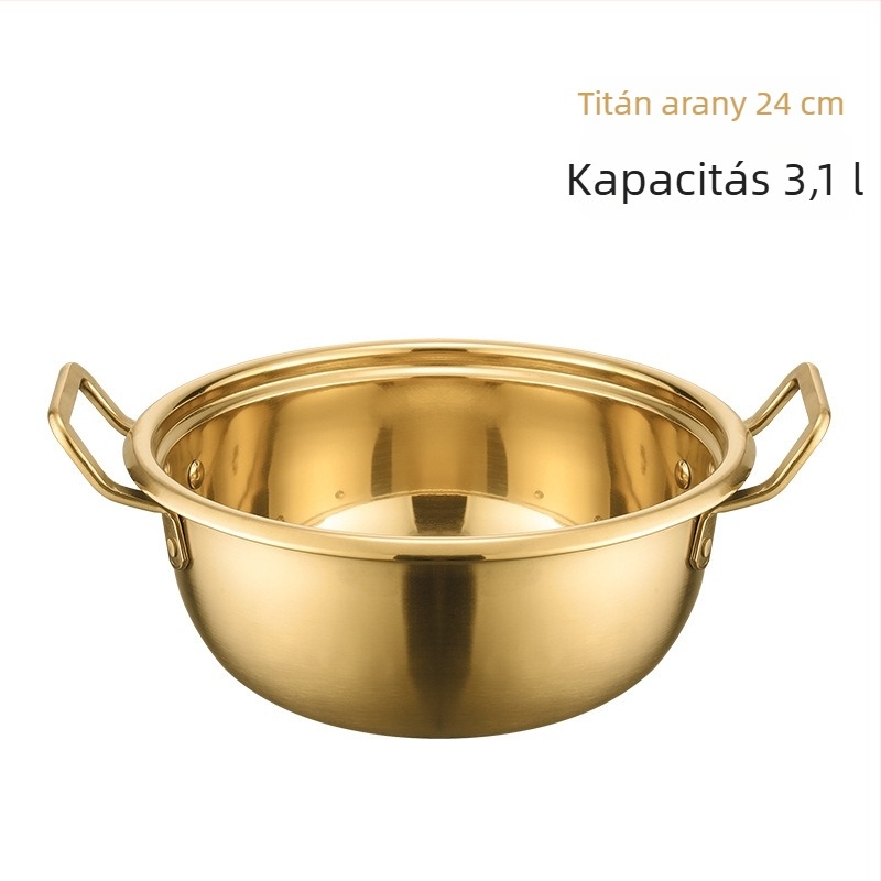 Arany színű koreai ramen fazék két füllel, rozsdamentes acélból, háztartási használatra
