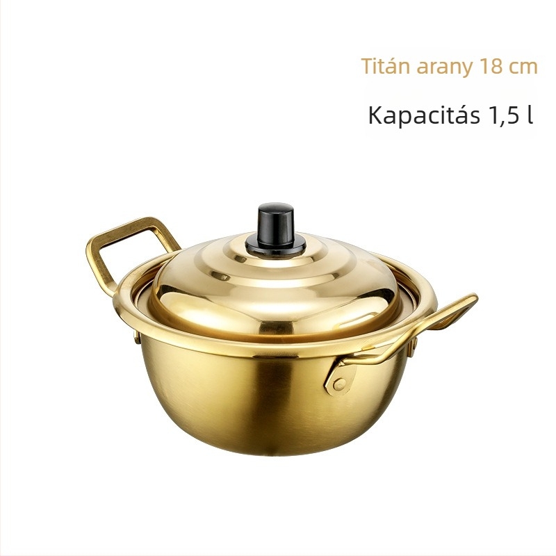 Arany színű koreai ramen fazék két füllel, rozsdamentes acélból, háztartási használatra