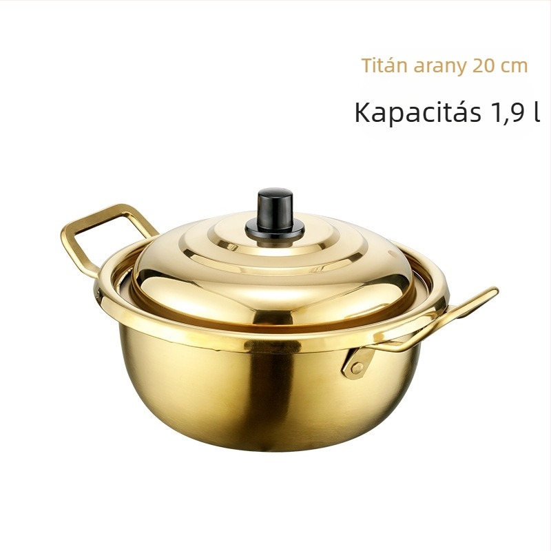 Arany színű koreai ramen fazék két füllel, rozsdamentes acélból, háztartási használatra