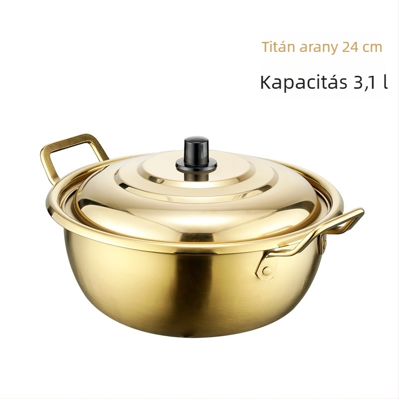 Arany színű koreai ramen fazék két füllel, rozsdamentes acélból, háztartási használatra