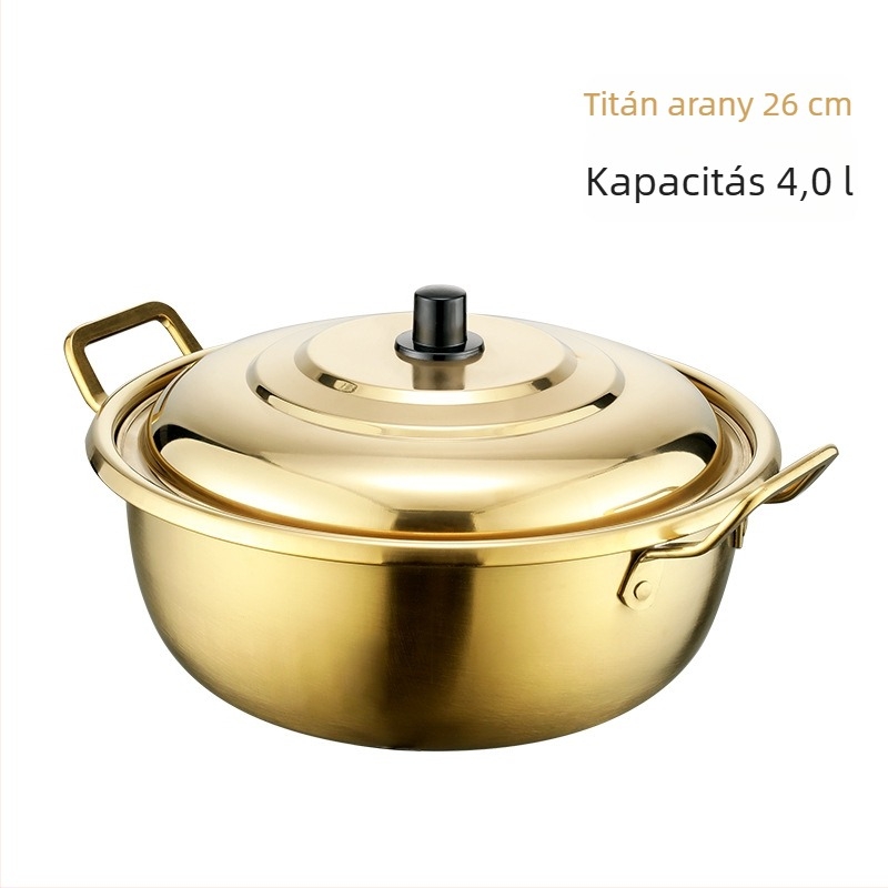 Arany színű koreai ramen fazék két füllel, rozsdamentes acélból, háztartási használatra