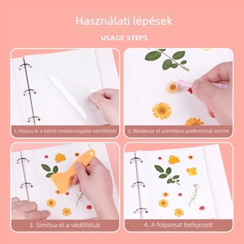 Növényi példánygyűjtemény: préselt levelek és szárított virágok, laminált, DIY öntapadós tárolóalbum