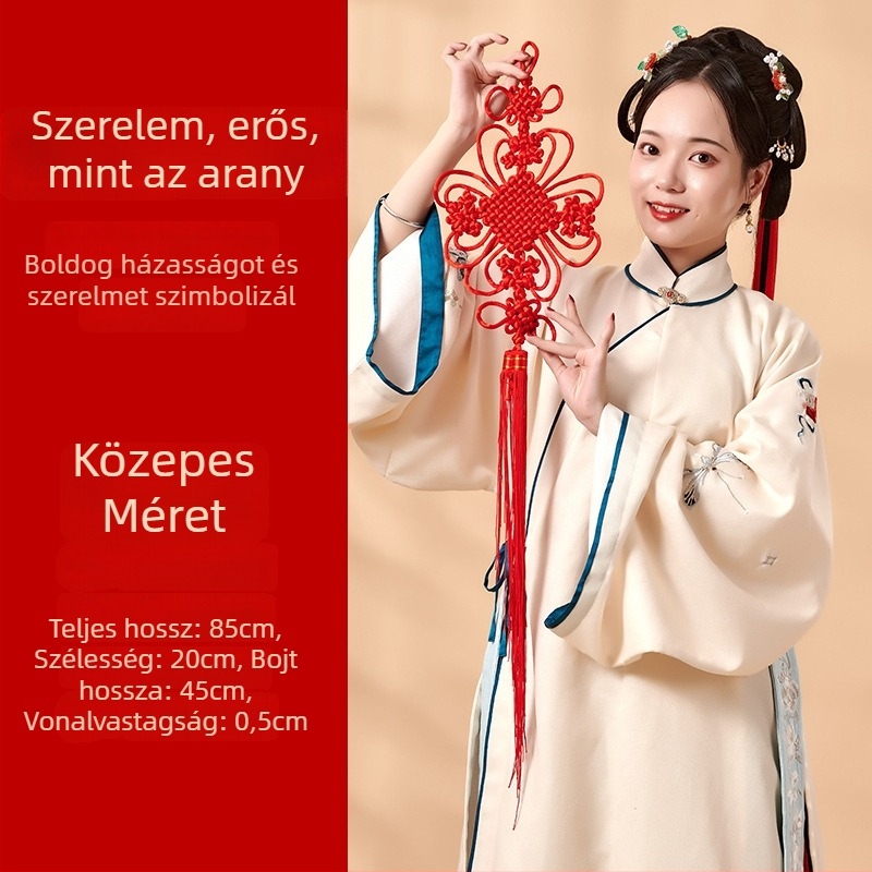 Vörös kínai csomó díszek koncentrikus csomóval, virágcsomóval, béke- és gazdagság-csomóval, három méretben: nagy, közepes és kicsi – tavaszi fesztivál dekoráció