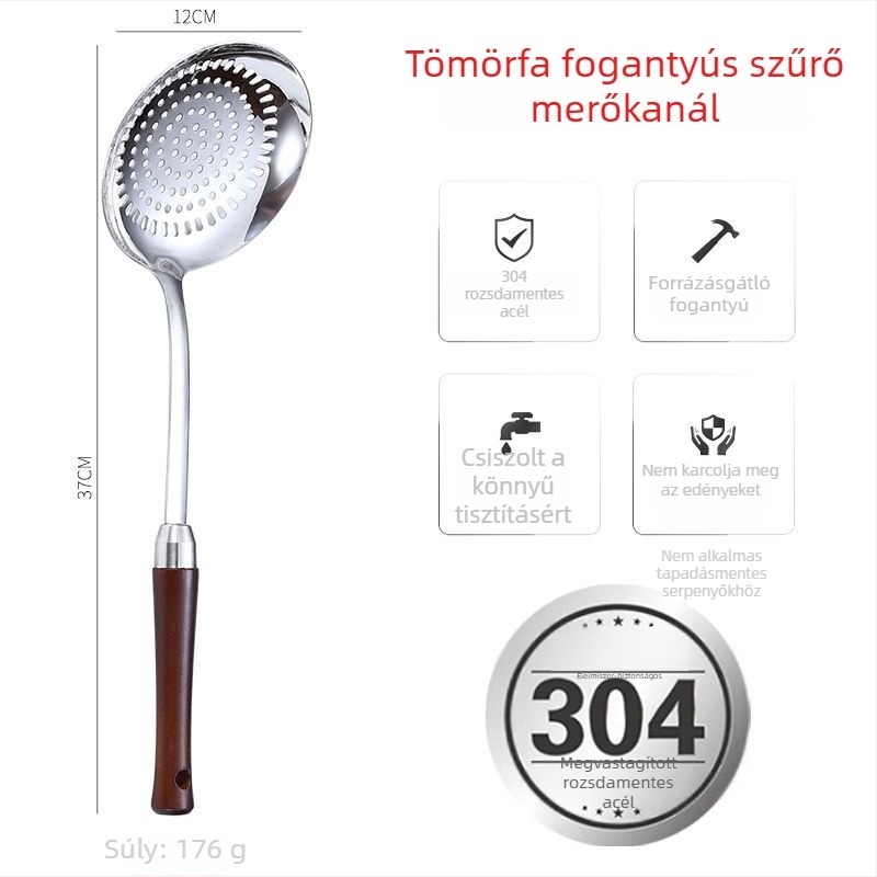 Nagy rozsdamentes acélból készült konyhai szűrőkanál 304 – sütéshez, tészta, gombócok, blansírozáshoz és forró fazékhoz.
