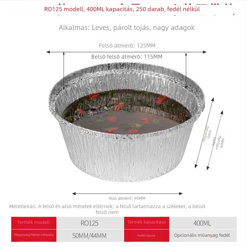 Egyszer használatos kerek alumíniumfóliás tál, 400 ml kapacitású, Ø85 mm átmérőjű, grillhez és gőzölt tojásokhoz megfelelő