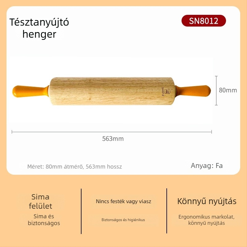 Nagy méretű tömörfa nyújtófa, háztartási használatra, ideális dumpling tésztalapokhoz, tészta nyújtáshoz, nudlihoz és sütéshez — SN8034