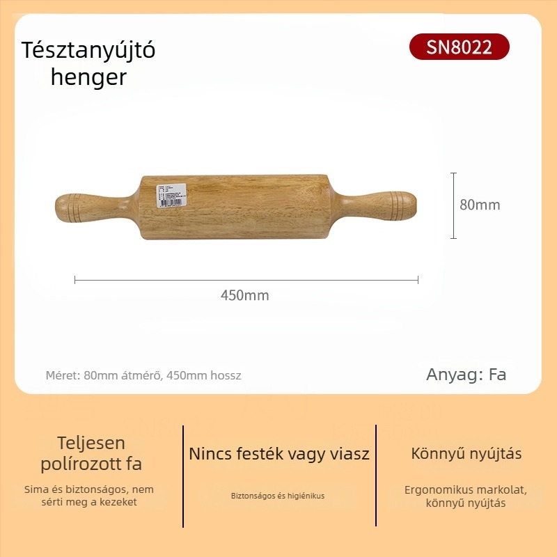 Nagy méretű tömörfa nyújtófa, háztartási használatra, ideális dumpling tésztalapokhoz, tészta nyújtáshoz, nudlihoz és sütéshez — SN8034