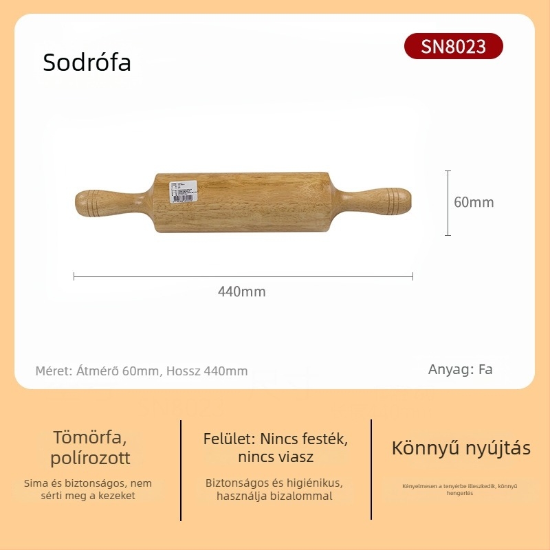 Nagy méretű tömörfa nyújtófa, háztartási használatra, ideális dumpling tésztalapokhoz, tészta nyújtáshoz, nudlihoz és sütéshez — SN8034