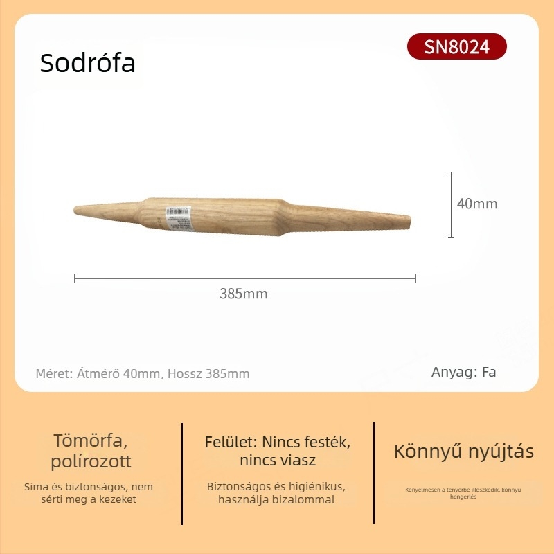 Nagy méretű tömörfa nyújtófa, háztartási használatra, ideális dumpling tésztalapokhoz, tészta nyújtáshoz, nudlihoz és sütéshez — SN8034