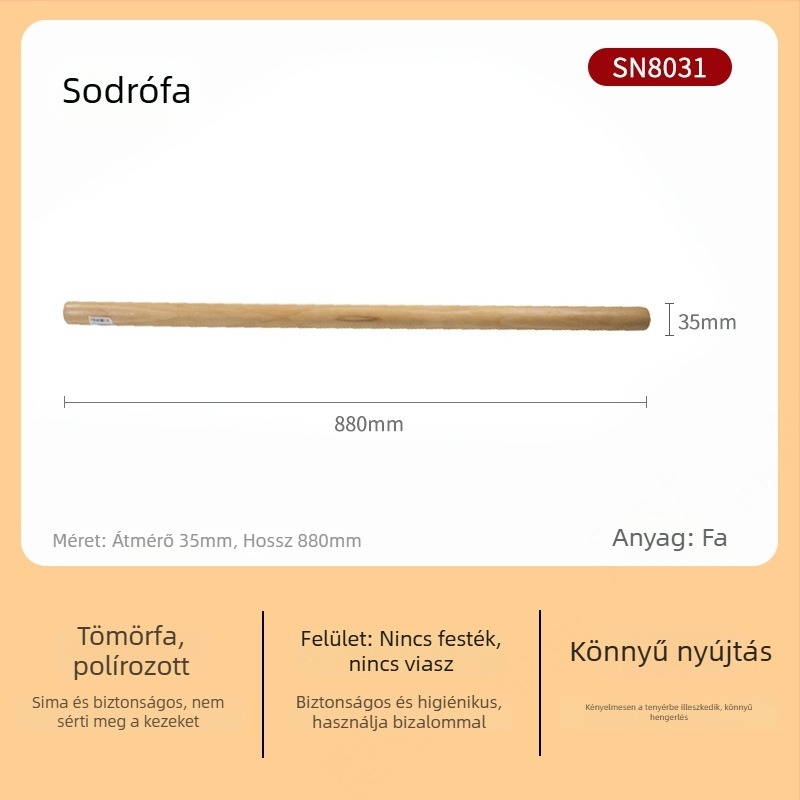 Nagy méretű tömörfa nyújtófa, háztartási használatra, ideális dumpling tésztalapokhoz, tészta nyújtáshoz, nudlihoz és sütéshez — SN8034
