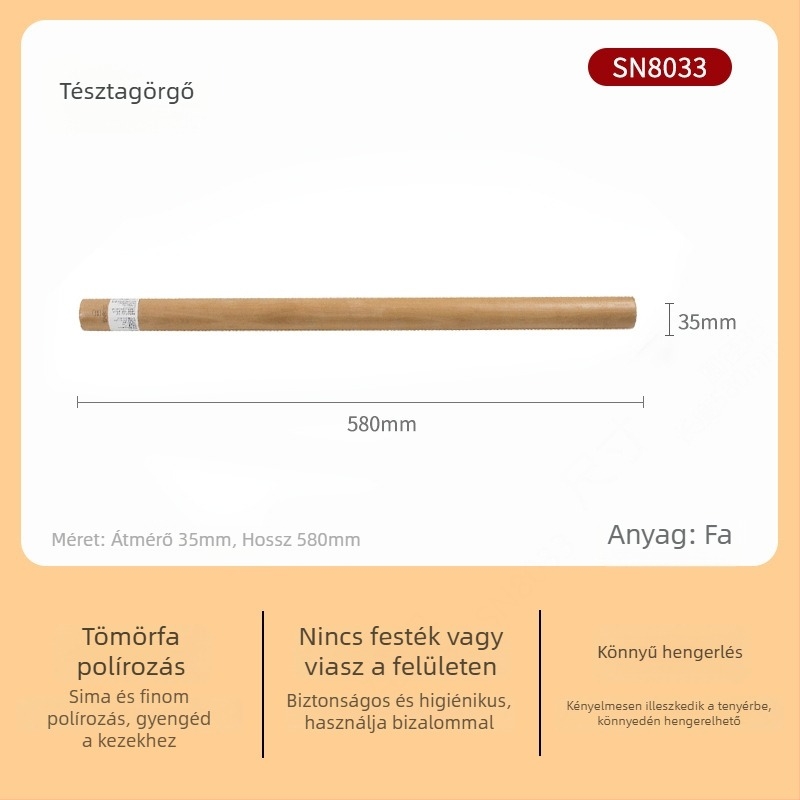 Nagy méretű tömörfa nyújtófa, háztartási használatra, ideális dumpling tésztalapokhoz, tészta nyújtáshoz, nudlihoz és sütéshez — SN8034