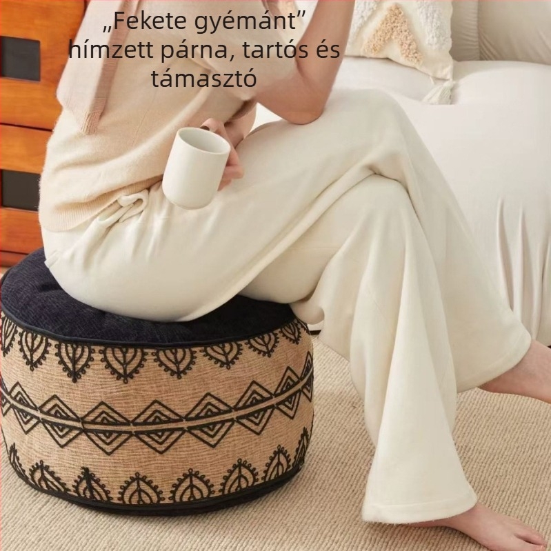 Kerek puff gyémánt mintás hímzéssel, marokkói sorozat, levehető és mosható párnahuzat