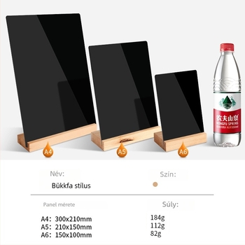 Akril dupla oldalú menüterítő tábla kézzel írt szöveggel, árkijelző, kis stand