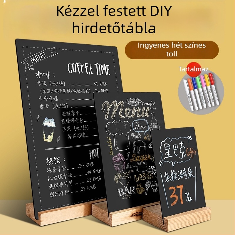 Akril dupla oldalú menüterítő tábla kézzel írt szöveggel, árkijelző, kis stand