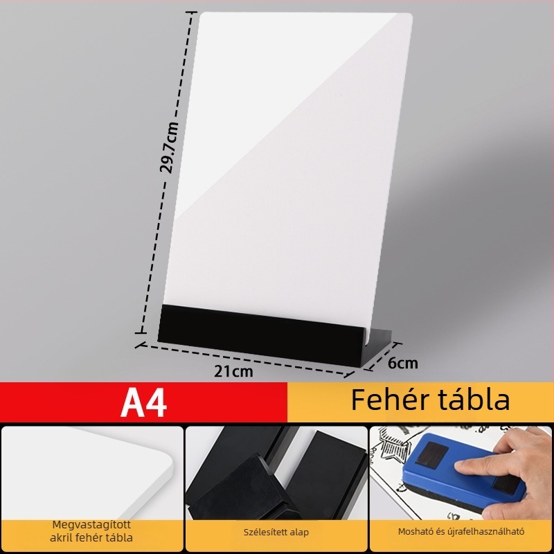 Akril dupla oldalú menüterítő tábla kézzel írt szöveggel, árkijelző, kis stand