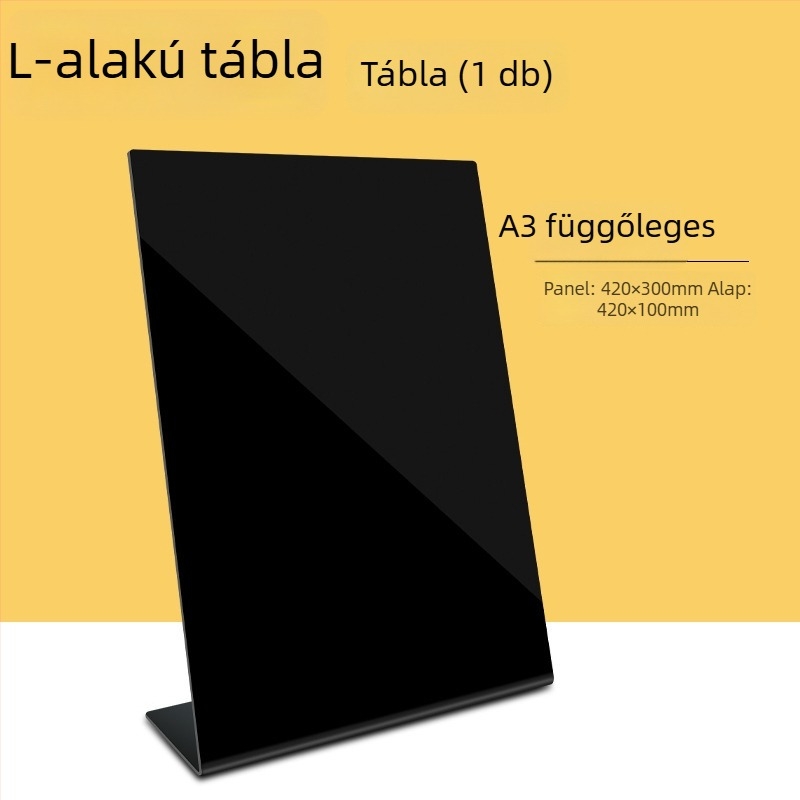 Akril dupla oldalú menüterítő tábla kézzel írt szöveggel, árkijelző, kis stand