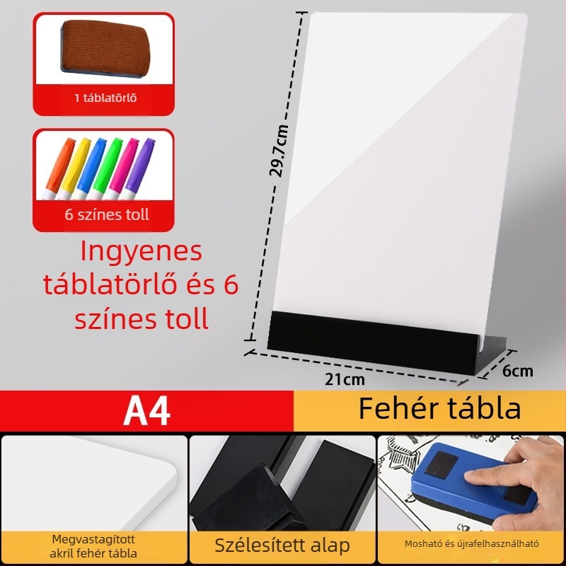 Akril dupla oldalú menüterítő tábla kézzel írt szöveggel, árkijelző, kis stand