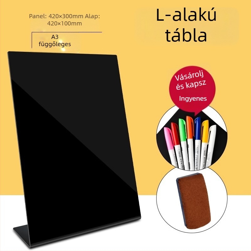 Akril dupla oldalú menüterítő tábla kézzel írt szöveggel, árkijelző, kis stand