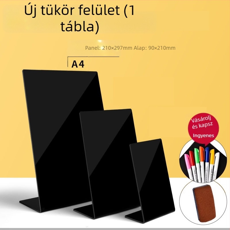 Akril dupla oldalú menüterítő tábla kézzel írt szöveggel, árkijelző, kis stand