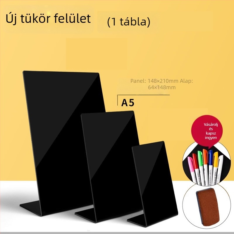 Akril dupla oldalú menüterítő tábla kézzel írt szöveggel, árkijelző, kis stand