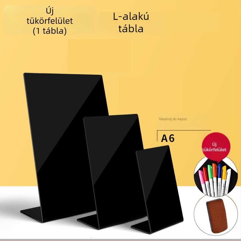 Akril dupla oldalú menüterítő tábla kézzel írt szöveggel, árkijelző, kis stand