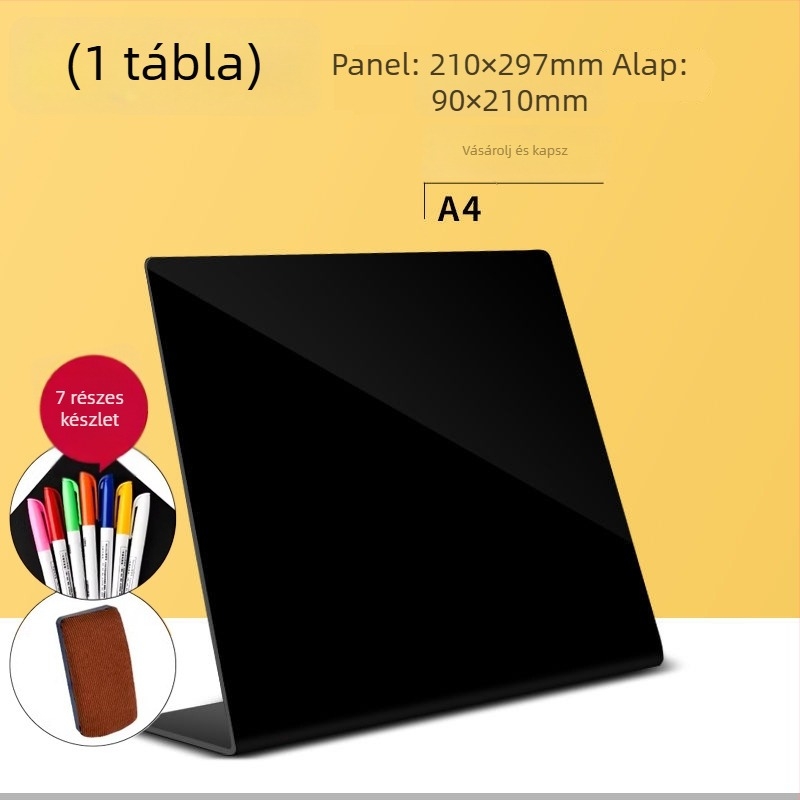 Akril dupla oldalú menüterítő tábla kézzel írt szöveggel, árkijelző, kis stand