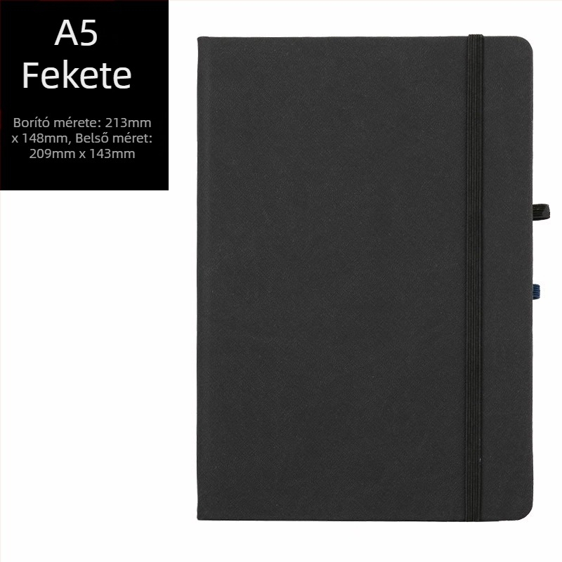 A5-ös notesz pánttal, PU bőr borítóval, nyomtatott logóval, 100 oldalas