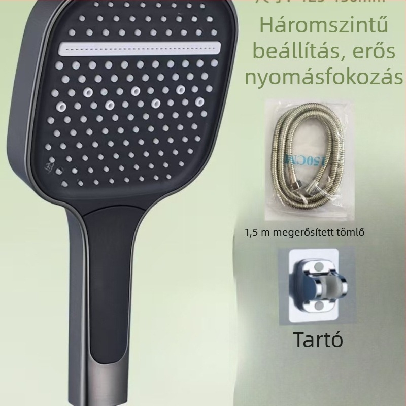 Négyzet alakú zuhanyfej szett, fix felső sugárral és kézi zuhannyal, háromfokozatú állítható, ABS