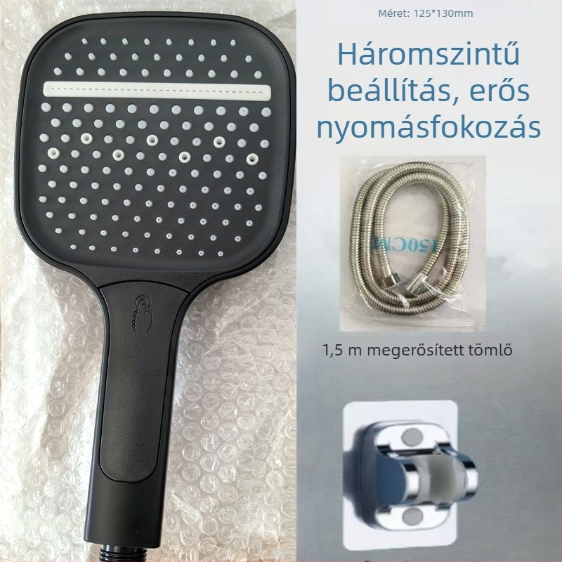 Négyzet alakú zuhanyfej szett, fix felső sugárral és kézi zuhannyal, háromfokozatú állítható, ABS