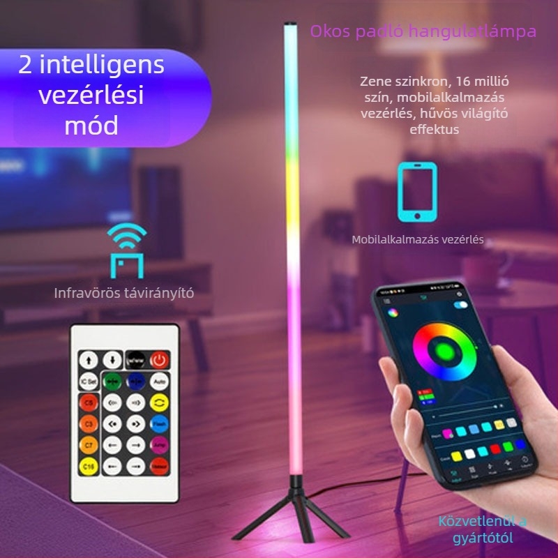 Bluetoothos RGB hangulatvilágítással ellátott állólámpa, saroklámpa USB-tápellátással, alkalmazásvezérlés, nappali és hálószoba