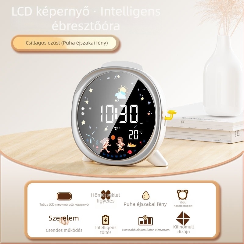 Okos LED asztali óra nagy kijelzővel, diákoknak, digitális ébresztőóra hőmérséklet kijelzővel