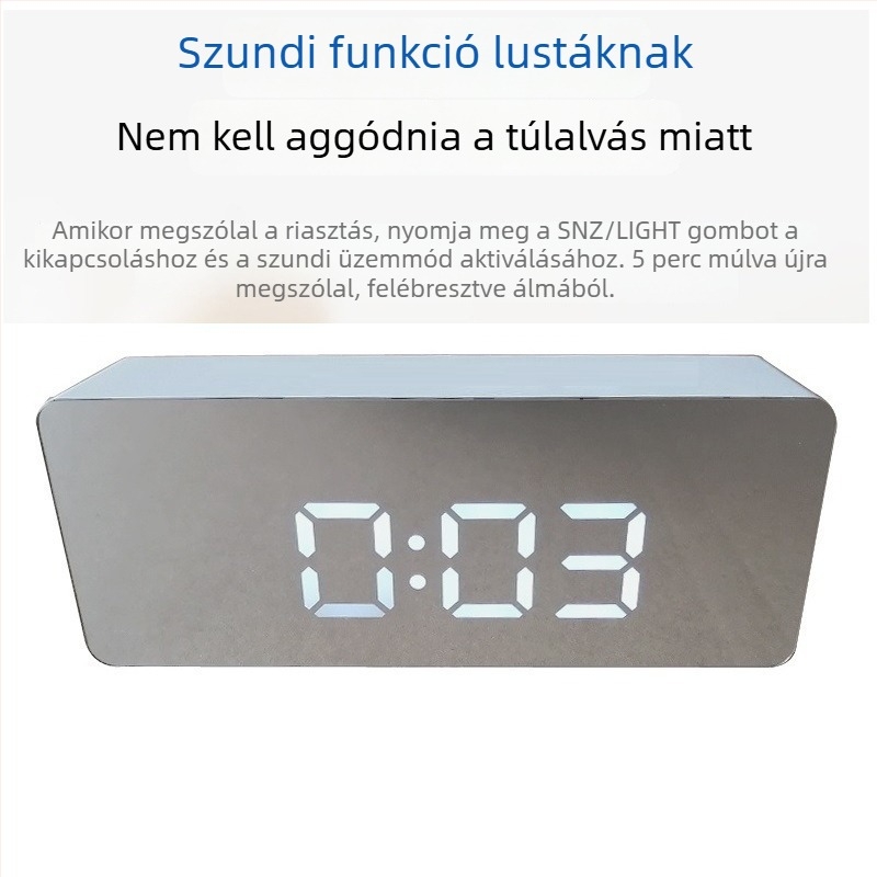 LED modern minimalist ébresztőóra tükrös felülettel és digitális hőmérséklet kijelzővel