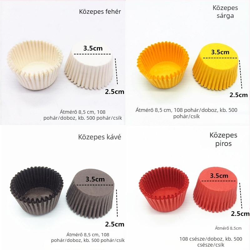 Süteményekhez és tortákhoz papíralapok, alapok muffinokhoz és tésztás poharakhoz; nagy, közepes és kicsi méretek; olajálló sütőpapíralapok; eper pohárpapír