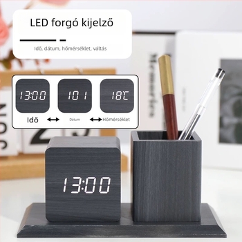LED tolltartó óra, éjjeli fény és hangvezérlés, multifunkcionális asztali ébresztőfa alapú