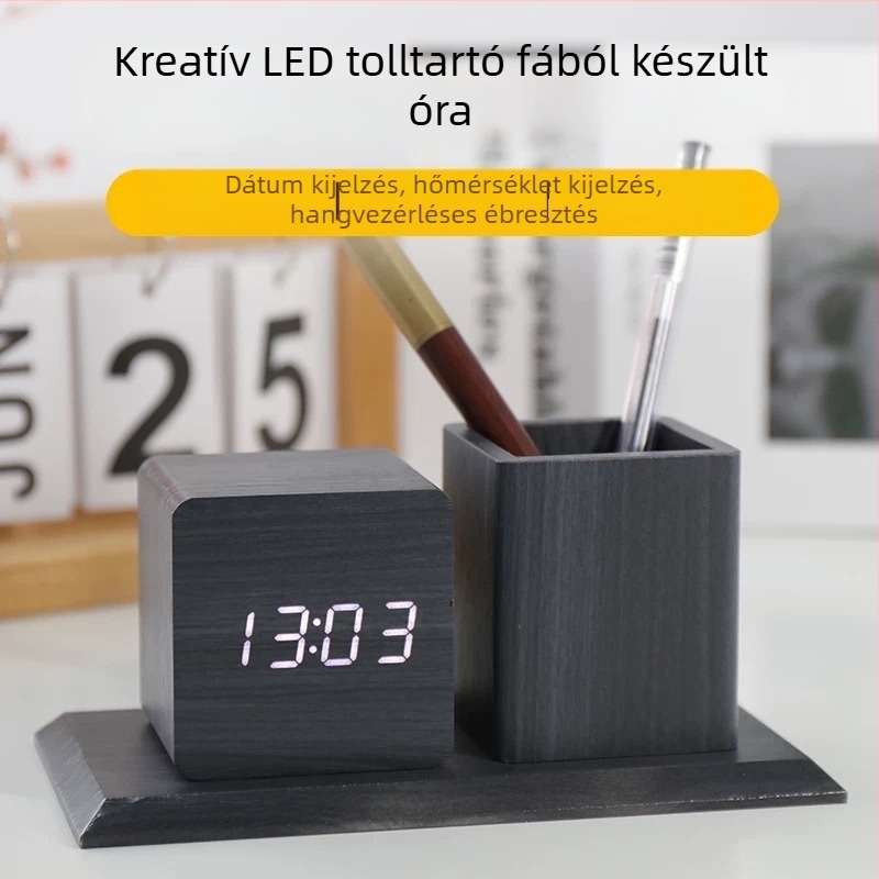 LED tolltartó óra, éjjeli fény és hangvezérlés, multifunkcionális asztali ébresztőfa alapú