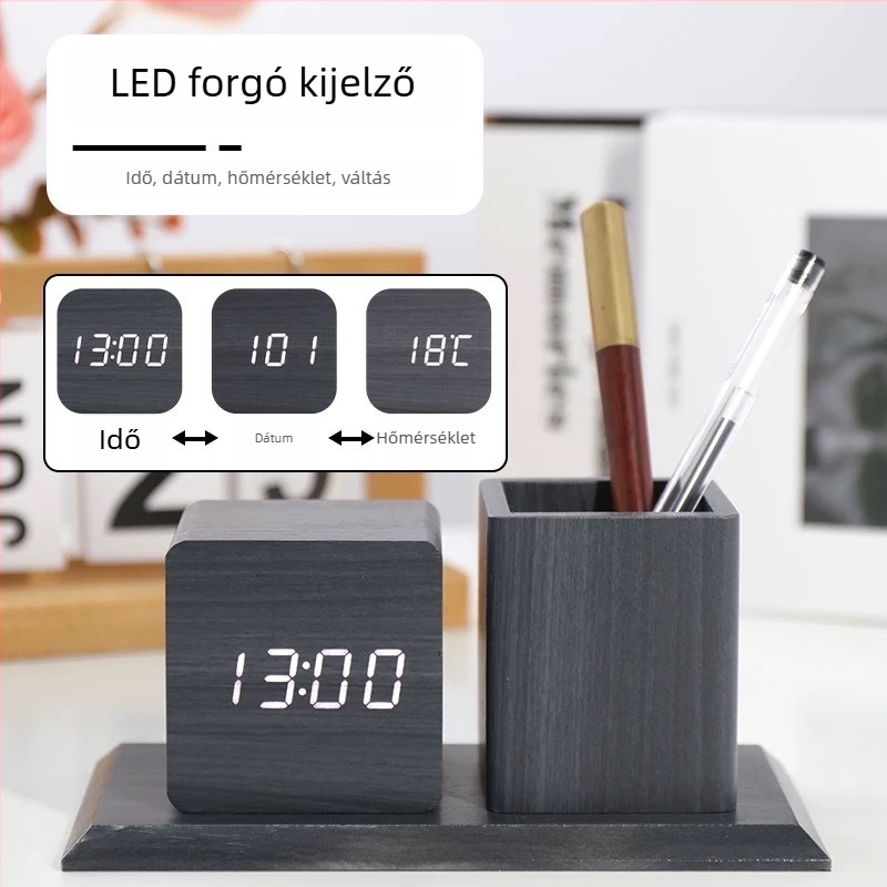 LED tolltartó óra, éjjeli fény és hangvezérlés, multifunkcionális asztali ébresztőfa alapú