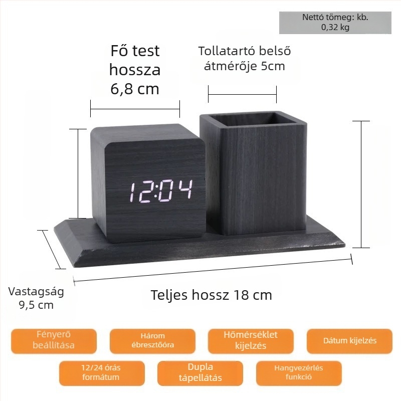LED tolltartó óra, éjjeli fény és hangvezérlés, multifunkcionális asztali ébresztőfa alapú