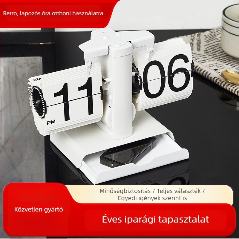 Asztali óra automatikus oldalfordítás mechanizmussal, retró stílusú, mechanikus kivitel, beépített tároló