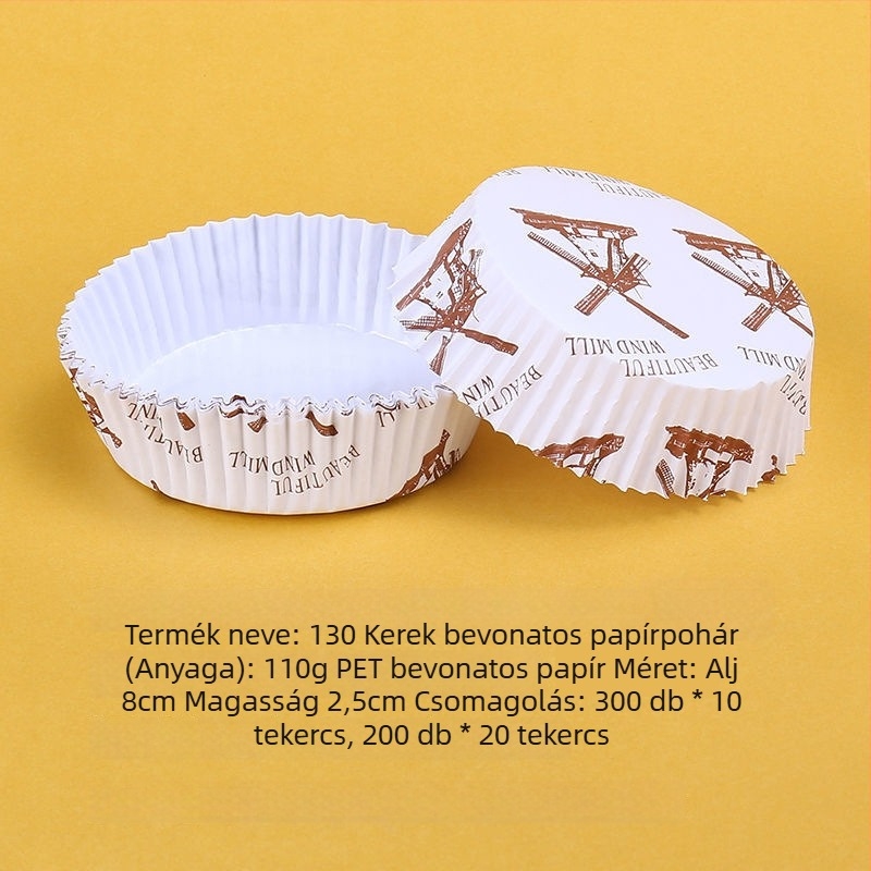 PE bevonatú sütőpapírtálcák muffin- és tortakarikák, olajálló, szélmalom stílusú kialakítás, kenyér alátétek