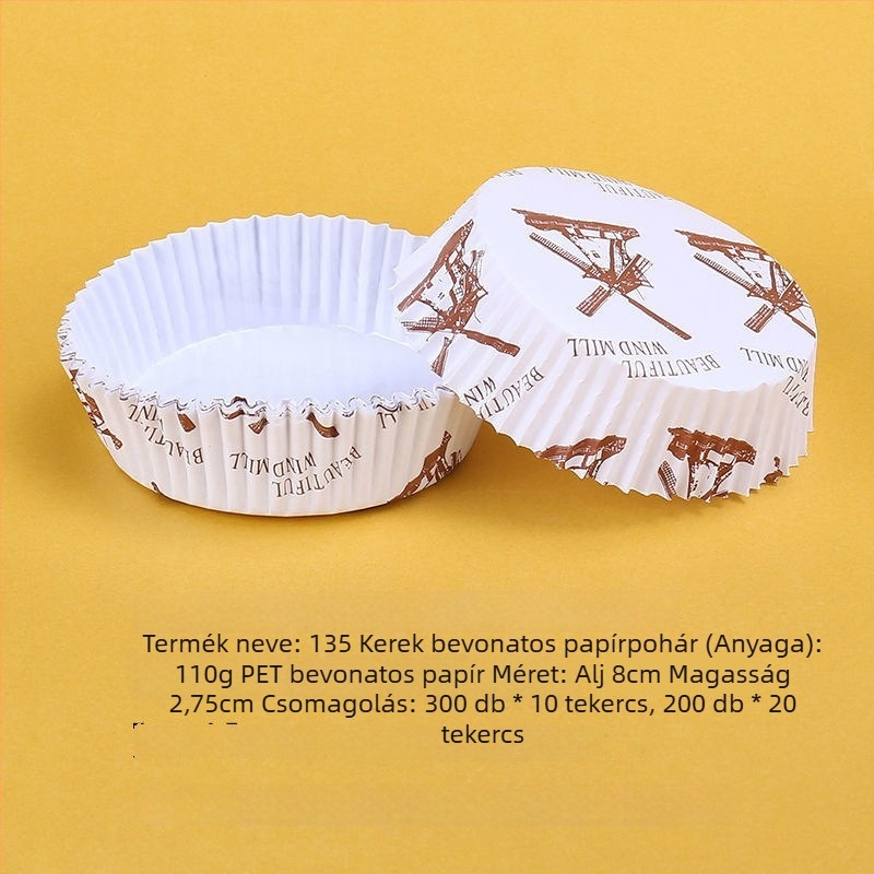 PE bevonatú sütőpapírtálcák muffin- és tortakarikák, olajálló, szélmalom stílusú kialakítás, kenyér alátétek