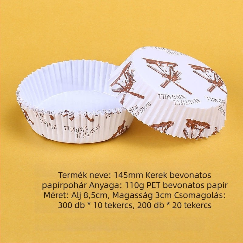 PE bevonatú sütőpapírtálcák muffin- és tortakarikák, olajálló, szélmalom stílusú kialakítás, kenyér alátétek