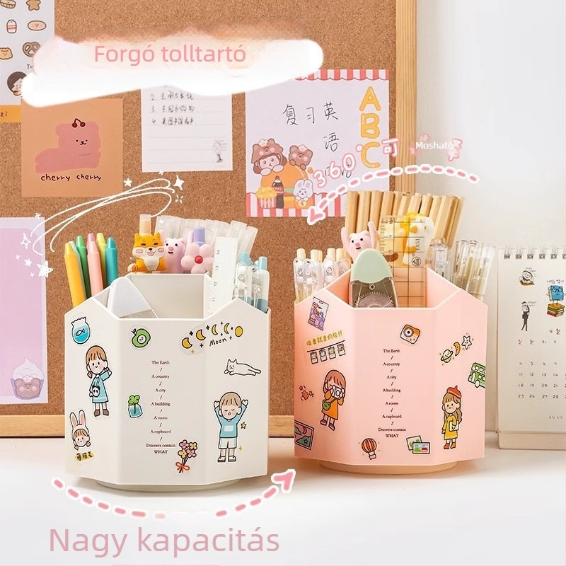 Kreatív forgó tolltartó 360°-os forgással, nagy kapacitású asztali rendszerező irodai kellékekhez