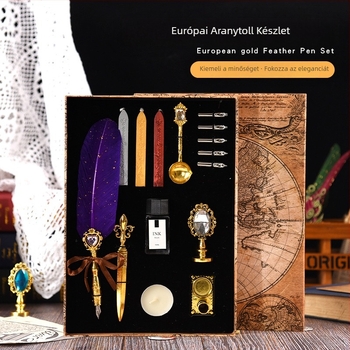 Európai stílusú retro tollkészlet gravírozott fémtartóval és viaszpecséttel, multifunkcionális ajándékdobozban