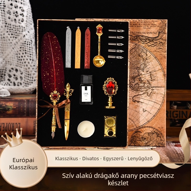 Európai stílusú retro tollkészlet gravírozott fémtartóval és viaszpecséttel, multifunkcionális ajándékdobozban