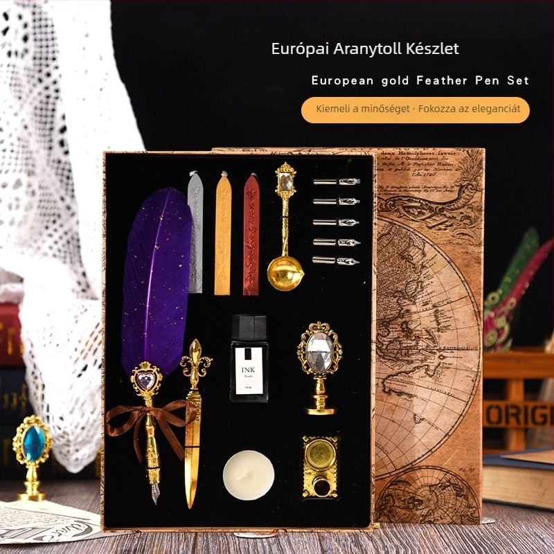 Európai stílusú retro tollkészlet gravírozott fémtartóval és viaszpecséttel, multifunkcionális ajándékdobozban