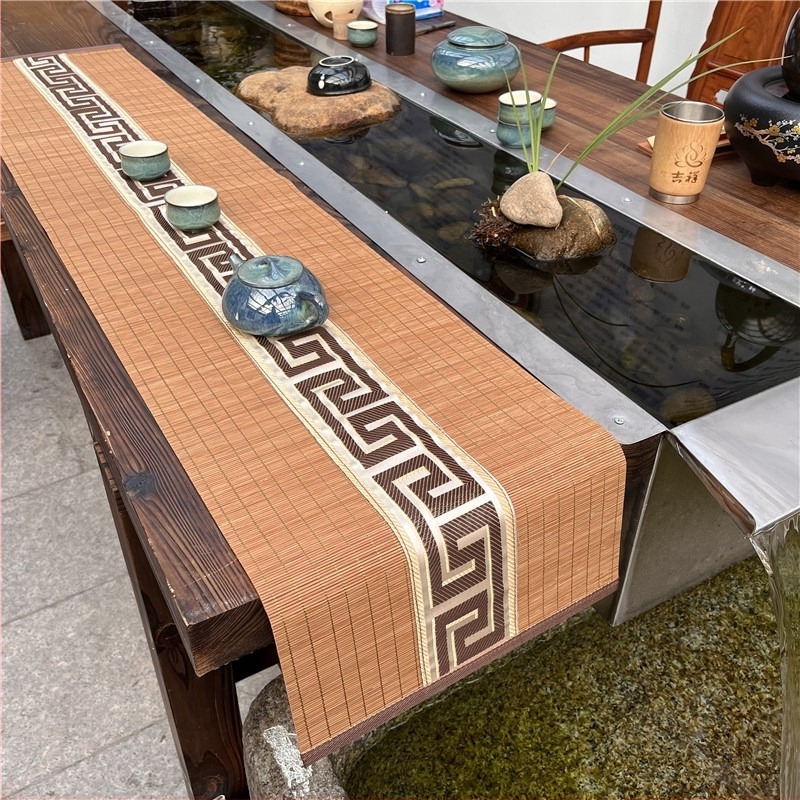 Bambusz teázóasztalra szánt asztalterítő, len- és pamut anyagból, kínai stílusban, méret 30x90 cm