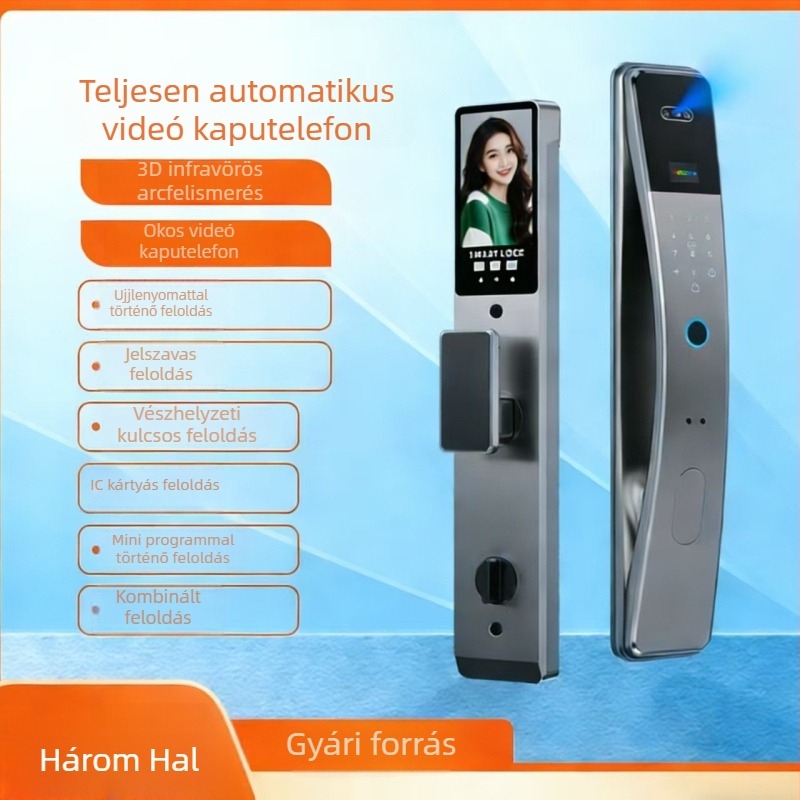 Intelligens zár automatikus ujjlenyomat-azonosítással, 3D arcfelismerés, videóinterkom, jelszavas hozzáférés, elektronikus zár bejárati ajtóhoz