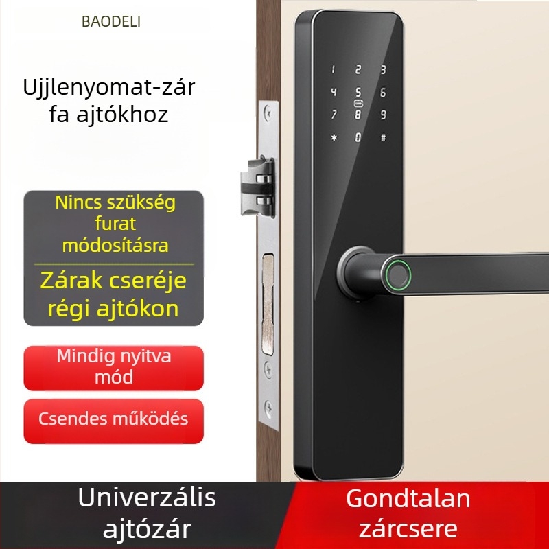 Fa ajtóhoz intelligens zár ujjlenyomat- és jelszós hozzáféréssel – otthon és iroda, fúrás nélkül